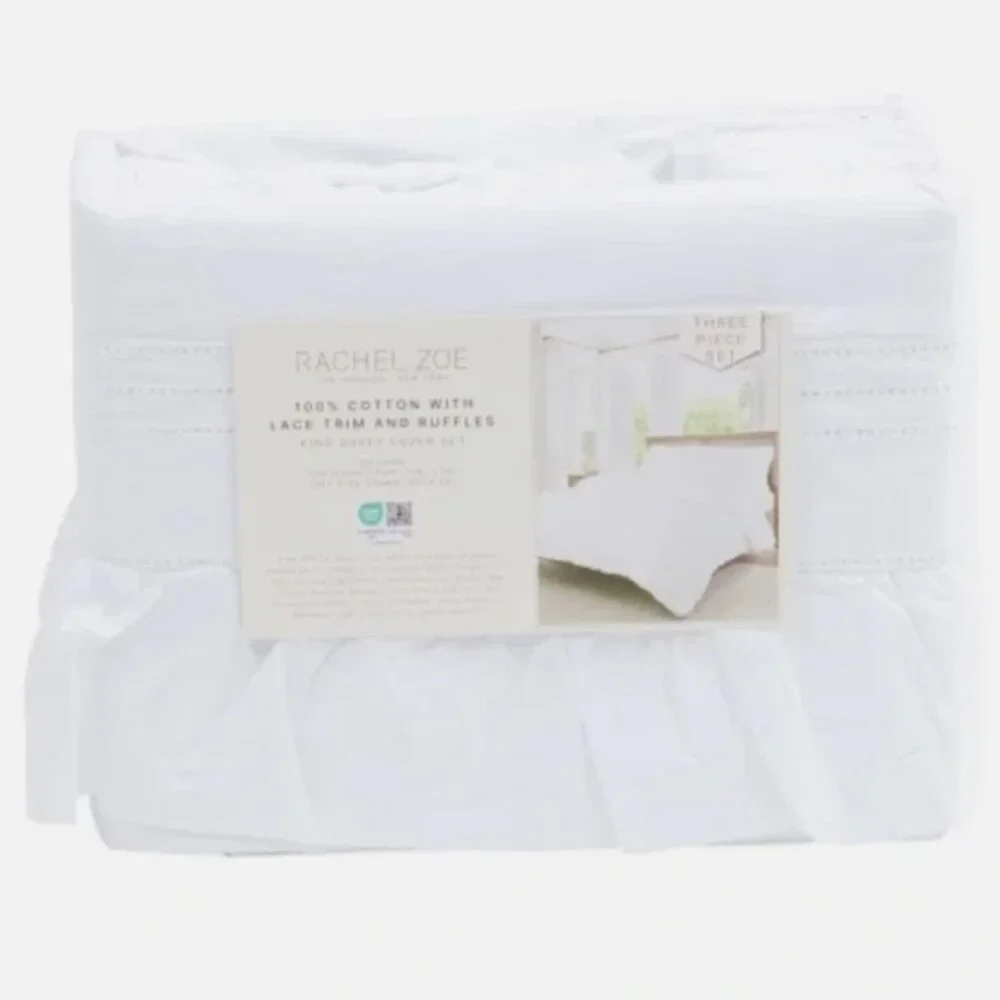 3pc Rachel Zoe White Ruffle Eyelet Lace KING Duvet Cover Sham Set Cotton Cottage